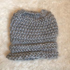 Hand knit messy bun hat
